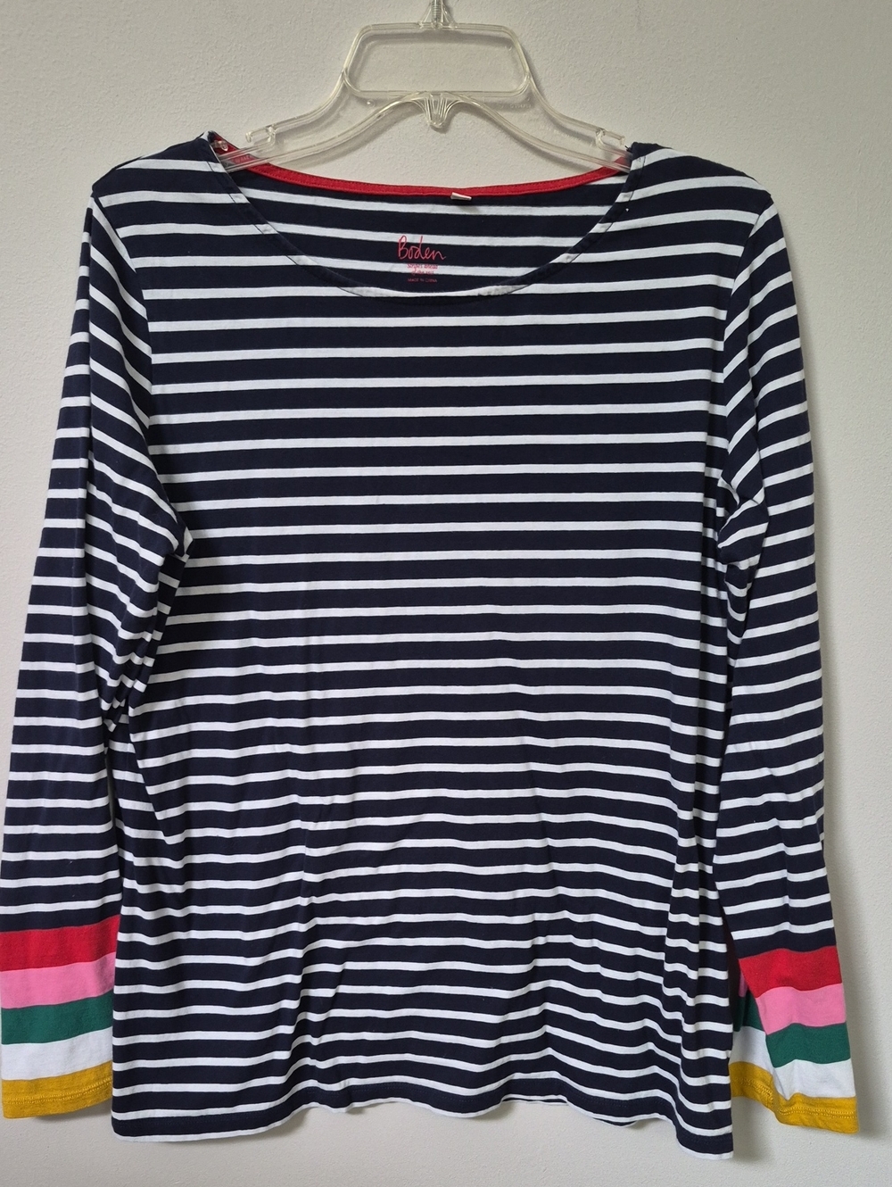 Boden Navy & White Striped Long-Sleeve Top with Multi-Color Cuffs Womens 14